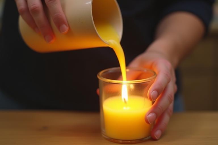 Hands pouring wax into a candle jar